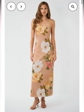 hutch elena tan floral print strapless satin silky long maxi summer dress small